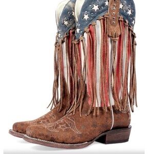 Brown and White Heeled Boots with Fringe